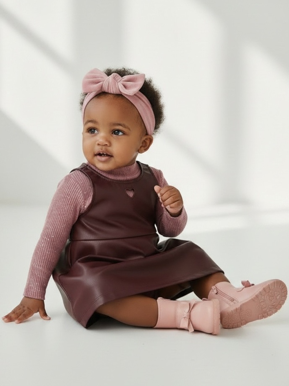 Girls' Burgundy Faux Leather Pinafore Dress with Mauve Long-Sleeve Top